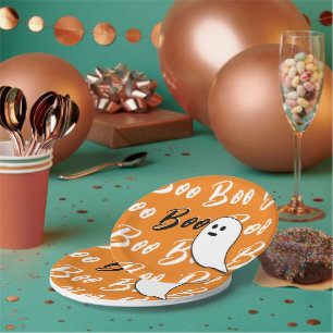 Ghost Halloween black white orange boo Paper Plate