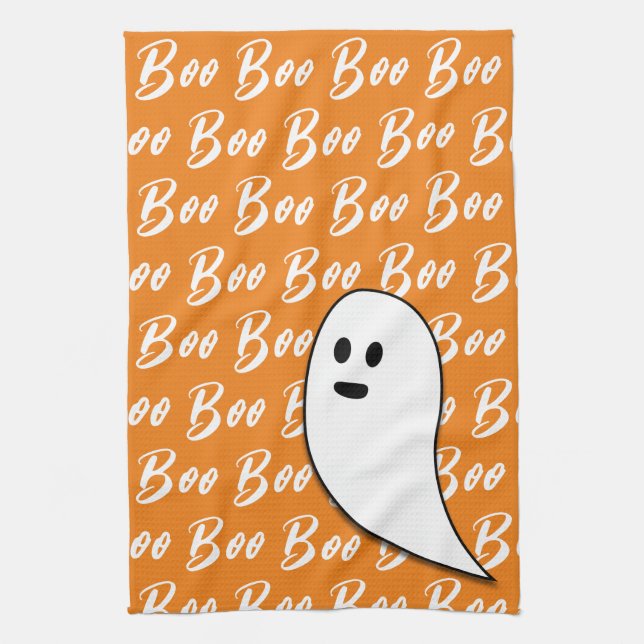 Ghost Halloween black white orange boo pattern Kitchen Towel (Vertical)