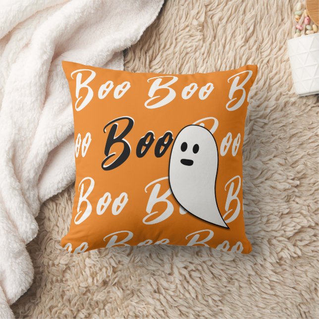 Ghost Halloween black white orange boo Throw Pillow (Blanket)