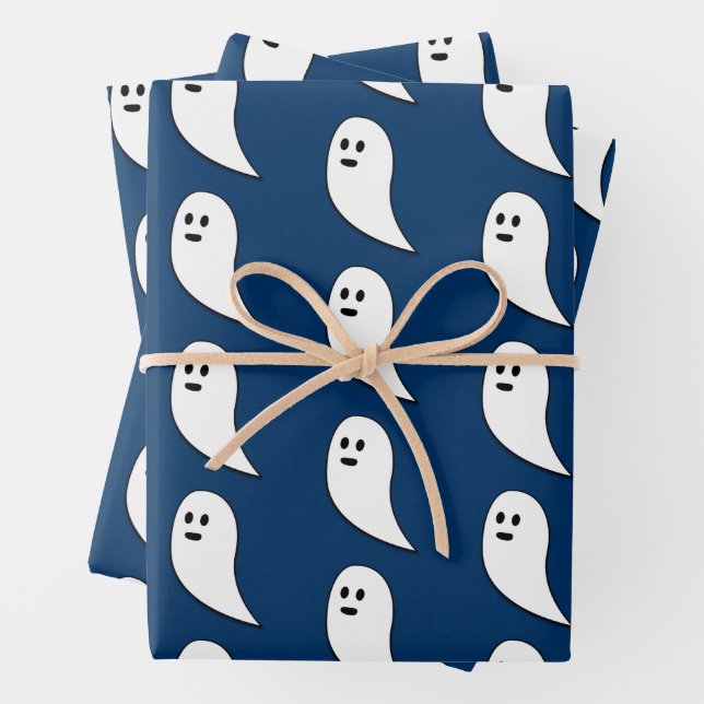 Ghost Halloween dark blue white cute pattern Wrapping Paper Sheet (In situ)