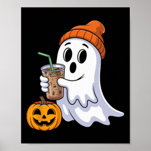 Ghost Halloween Drinking Coffee Ghost Ice Coffee P Poster