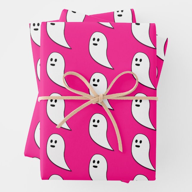 Ghost Halloween hot pink white cute pattern Wrapping Paper Sheet (In situ)