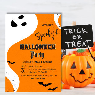 Ghost Halloween Party Let's Get Spooky Orange Bat Invitation