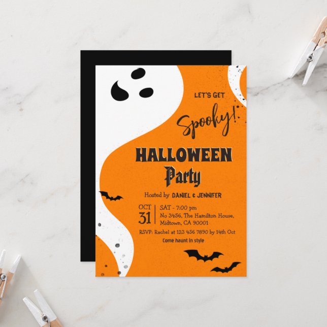 Ghost Halloween Party Let's Get Spooky Orange Bat Invitation (Front/Back In Situ)