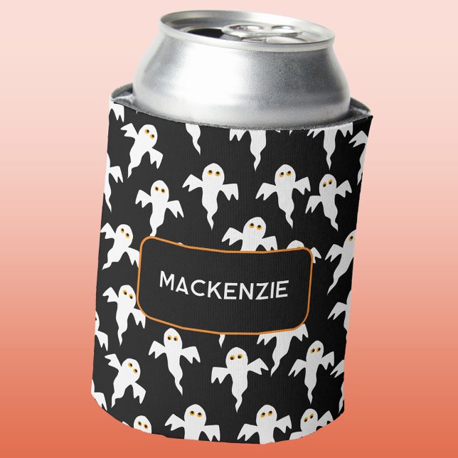 Ghost Halloween Personalized Black and White Can Cooler (Fun personalized custom name Halloween ghost black and white can cooler)