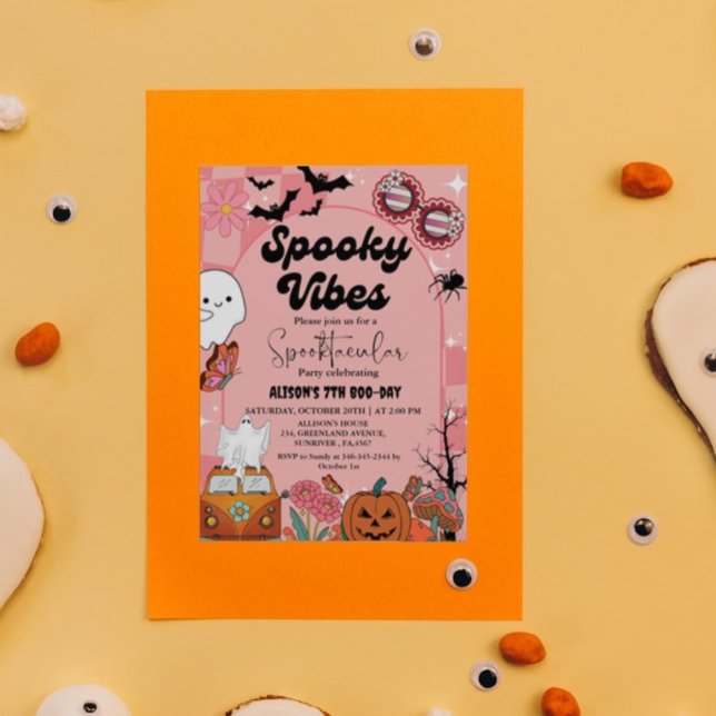 Ghost Halloween Spooky vibes Retro Groovy Birthday Invitation (Creator Uploaded)