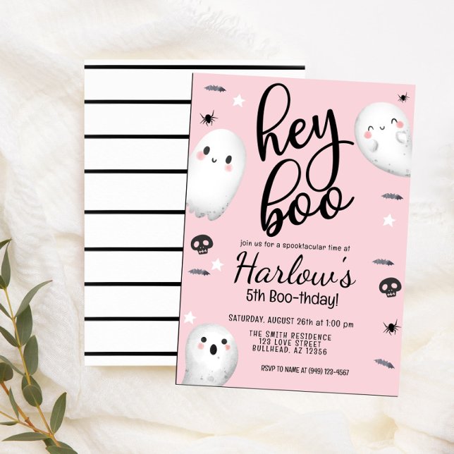 Ghost Hey Boo Pastel Pink Halloween Birthday  Invitation (Creator Uploaded)