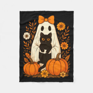 Ghost Holding Black Cat Cute Ghost Groovy Floral Fleece Blanket