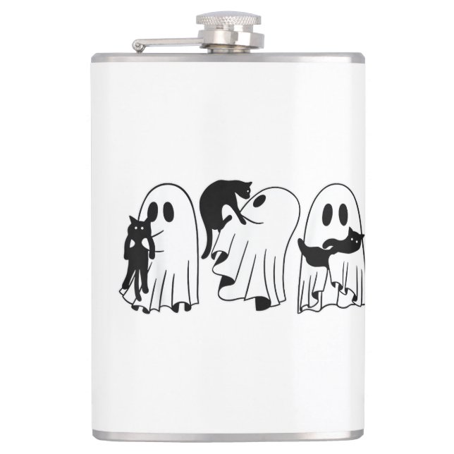 Ghost Holding Black Cat Funny Halloween Cat Lovers Hip Flask (Front)