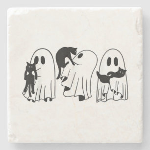 Ghost Holding Black Cat Funny Halloween Cat Lovers Stone Coaster