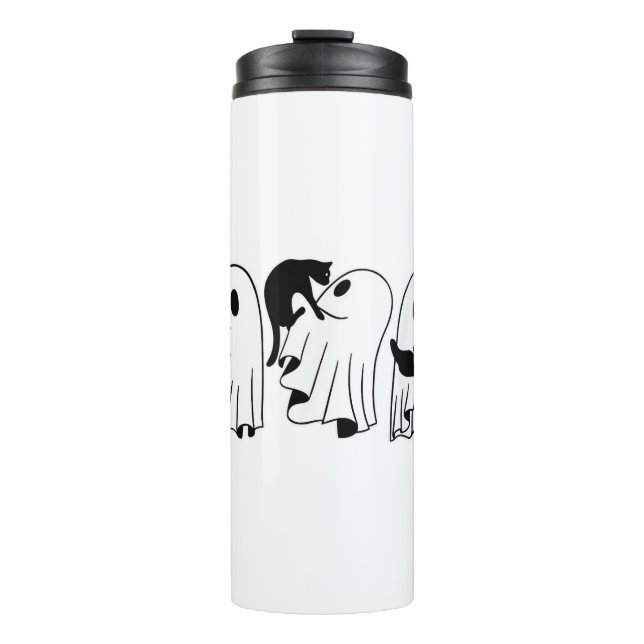 Ghost Holding Black Cat Funny Halloween Cat Lovers Thermal Tumbler (Front)