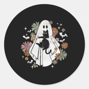 Ghost Holding Black Cat Groovy Floral Halloween Go Classic Round Sticker