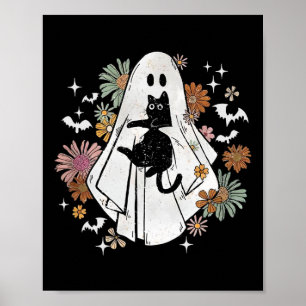Ghost Holding Black Cat Groovy Floral Halloween Go Poster