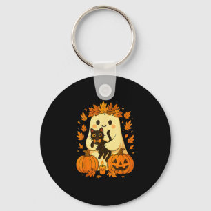 Ghost Holding Black Cat Halloween Pumpkins Autumn  Keychain