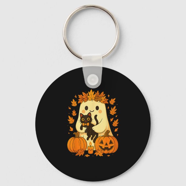 Ghost Holding Black Cat Halloween Pumpkins Autumn  Keychain (Front)