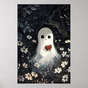 Ghost holding heart in flower woods print