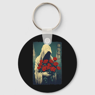 Ghost Holding Red Roses Halloween Sad Aesthetic St Keychain