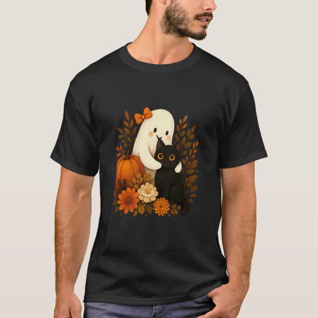 Ghost Hugging Cat Surrounded by Pumpkins Halloween T-Shirt (Front)