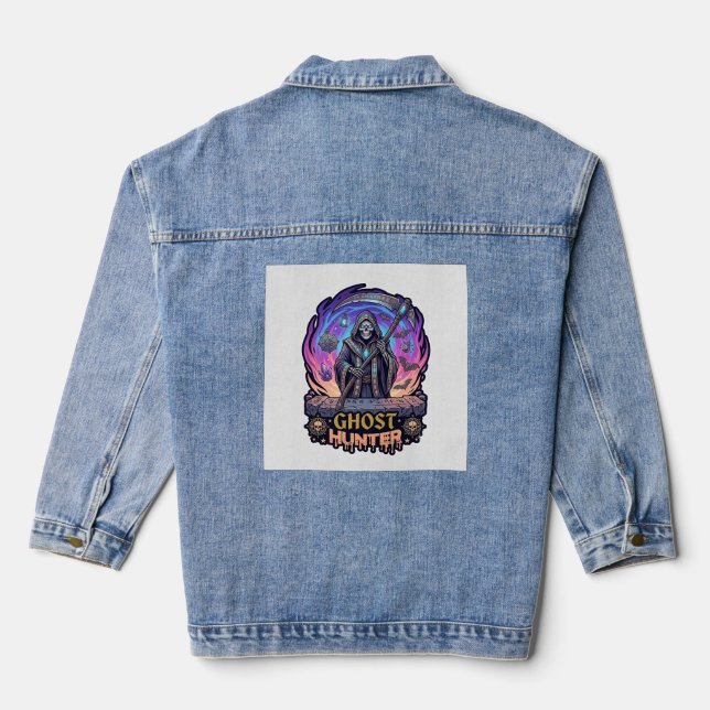 Ghost Hunter Grim Reaper Skeleton Scythe Purple Fl Denim Jacket (Back)