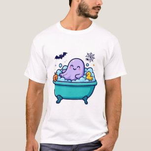 Ghost in Bathtub Rubber Duck Halloween Art T-Shirt