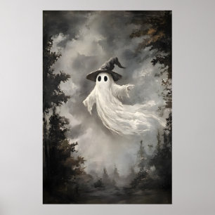 Ghost in fall forest print, ghost whimsical dark poster