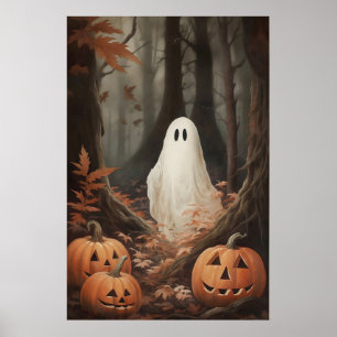 Ghost in fall woods with pumpkins, dark academia poster