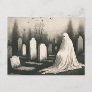 Ghost in Graveyard Spooky Vintage Illustration  Postcard