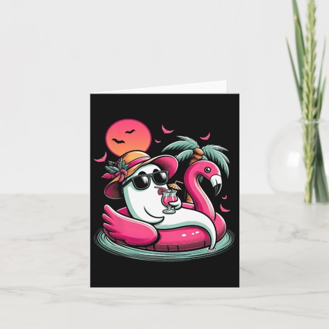 Ghost In Lifebuoy Flamingo On A Pool Float Summer  Card (Front)