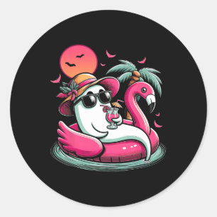 Ghost In Lifebuoy Flamingo On A Pool Float Summer  Classic Round Sticker