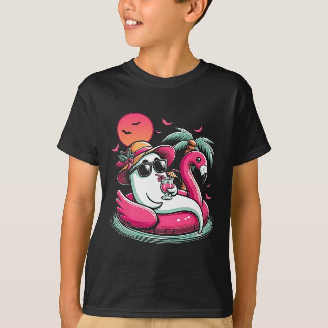 Ghost In Lifebuoy Flamingo On A Pool Float Summer  T-Shirt (Front)