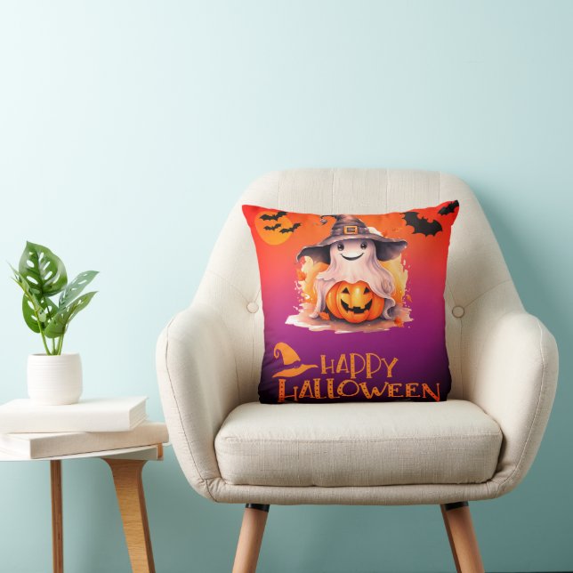 Ghost in Witches Hat Jack-O' Lantern Halloween Throw Pillow (Chair)