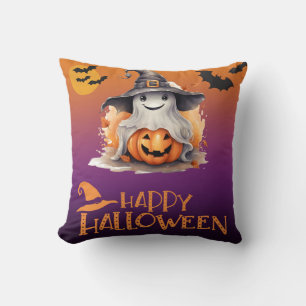 Ghost in Witches Hat Jack-O' Lantern Halloween Throw Pillow