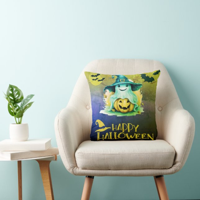 Ghost in Witches Hat Jack-O' Lantern Halloween Throw Pillow (Chair)