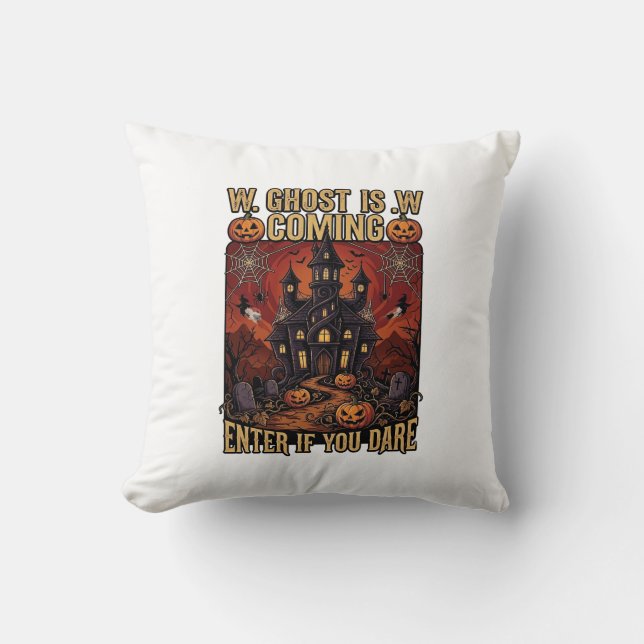 Ghost Is Coming Halloween Haunted House Pumpkins B Throw Pillow (Front)
