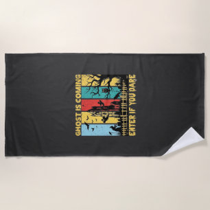 Ghost Is Coming Halloween Haunted House Witch Owl_ Beach Towel