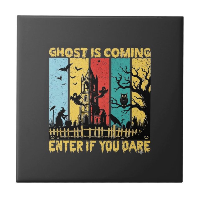 Ghost Is Coming Halloween Haunted House Witch Owl_ Tile (Front)