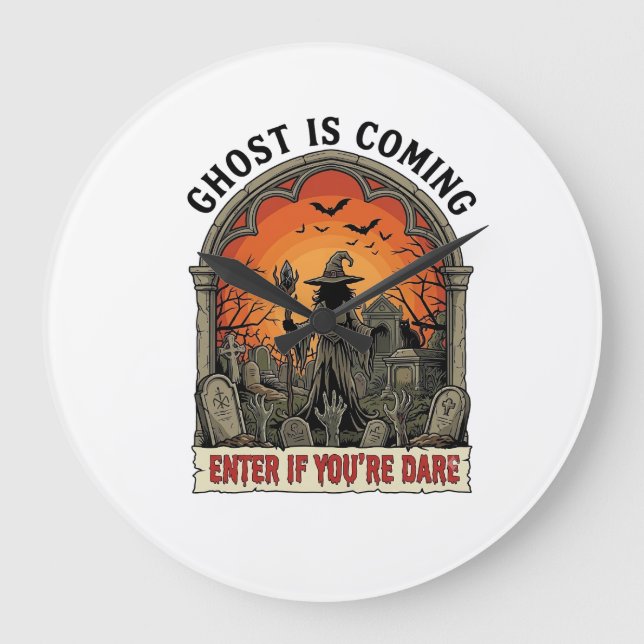 Ghost Is Coming Witch Graveyard Zombie Hands Hallo Large Clock (Front)