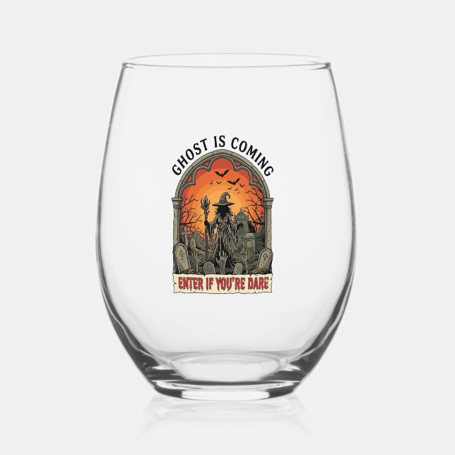 Ghost Is Coming Witch Graveyard Zombie Hands Hallo Stemless Wine Glass (Front)