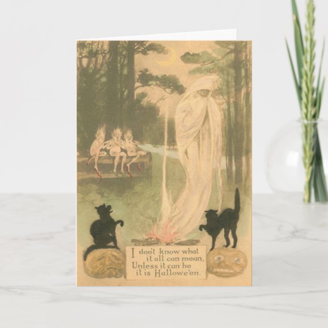 Ghost Jack O Lantern Black Cat Elves Card (Front)