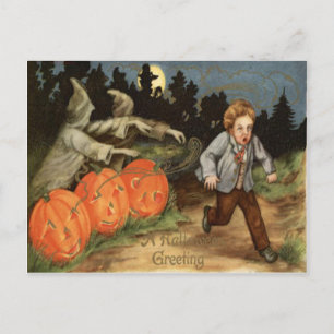Ghost Jack O' Lantern Scared Boy Moon Postcard