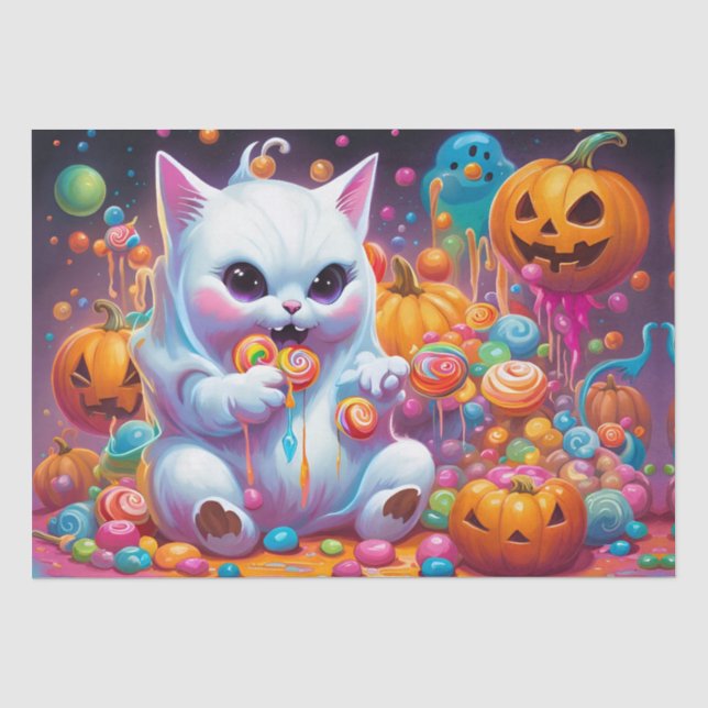Ghost Kitten Pumpkin Halloween Candy Tissue Paper (Front)