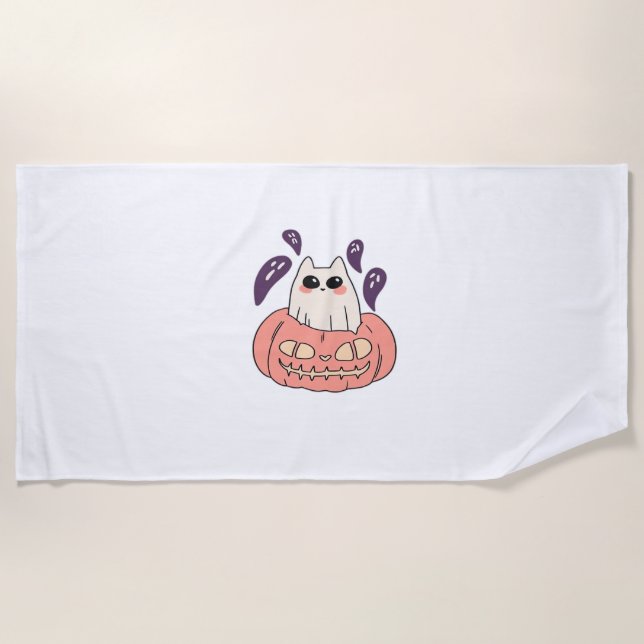 Ghost Kitty in a pumpkin Classic T-Shirt Beach Towel (Front)