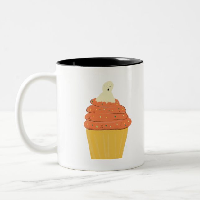 Ghost Modern Pumpkin Frosting Cupcake Halloween Two-Tone Coffee Mug (Left)