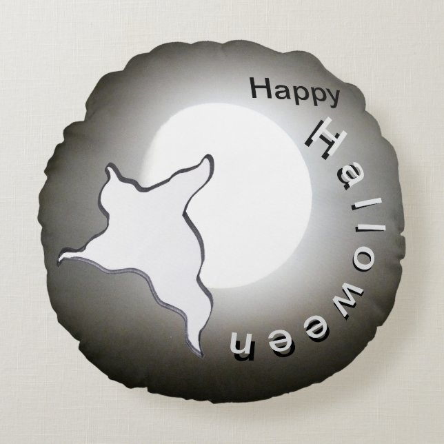 Ghost & Moon Cust. Happy Halloween Round Pillow (Front)