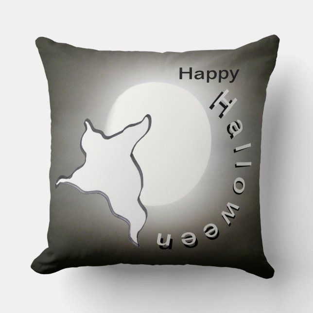Ghost & Moon Cust. Happy Halloween Throw Pillow (Front)