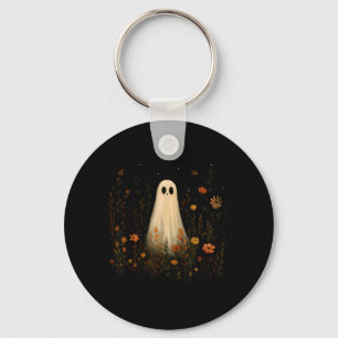Ghost On A Flower Meadow Halloween Fall Design Keychain