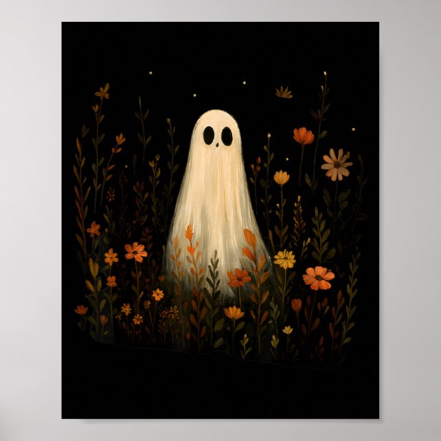 Ghost On A Flower Meadow Halloween Fall Design Poster (Front)