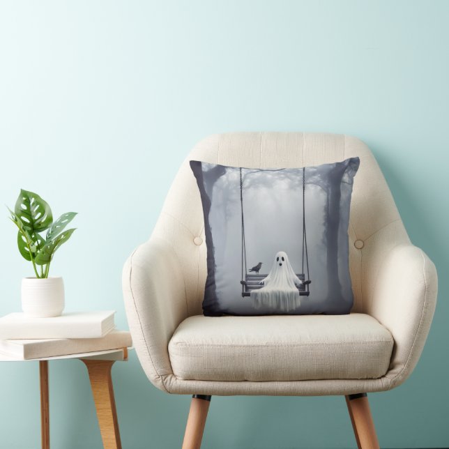 Ghost On A Swing With Raven Throw Pillow (Chair)