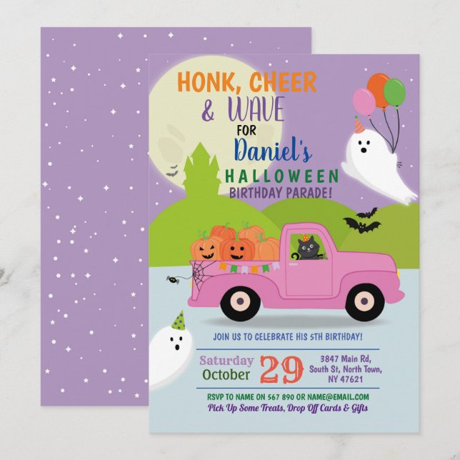 Ghost Party Birthday Parade Drive By Pink Truck Invitation (Front/Back)