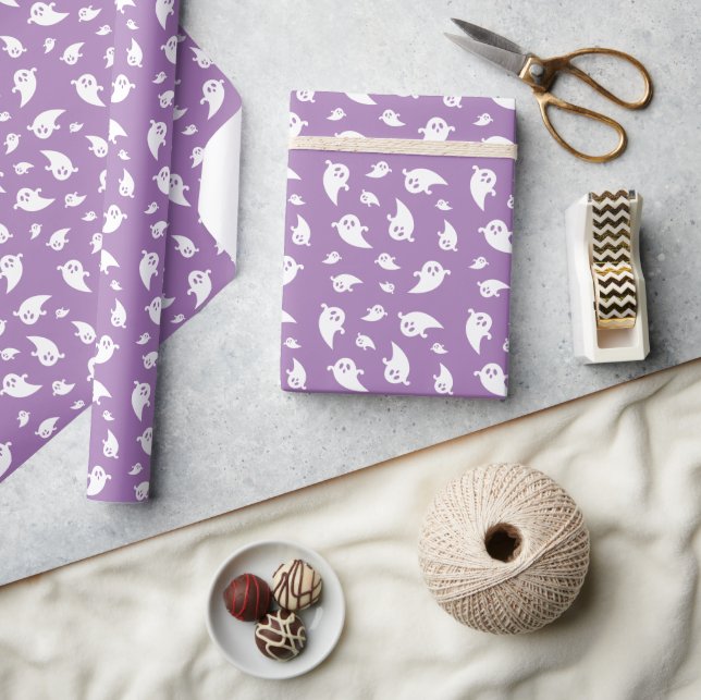 Ghost Pattern On Purple Cute Playful Halloween Wrapping Paper (Crafts)